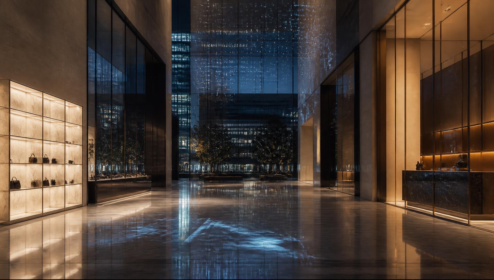 Sophisticated retail atrium at night with soft digital light